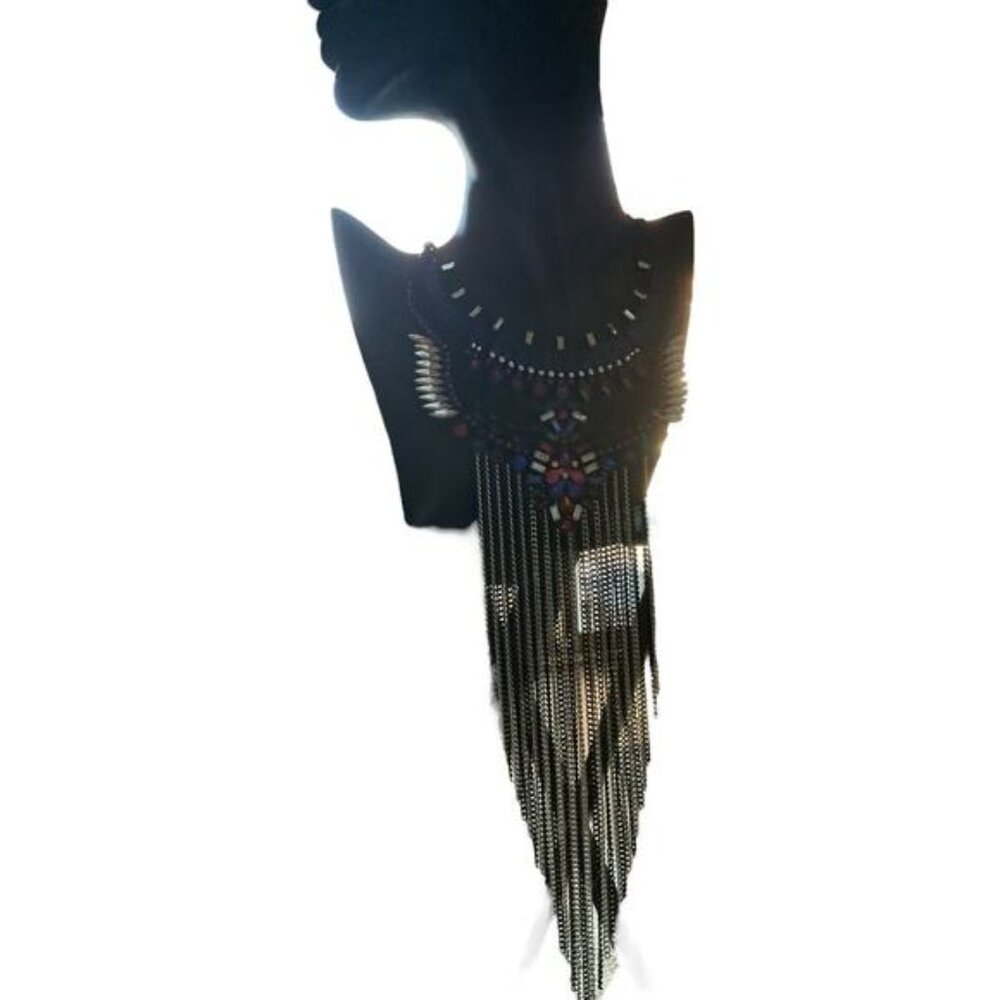 Bold Statement Multicolor Jewel & Chain Fringe Necklace - Picture 3 of 4